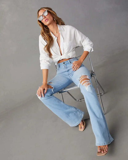 Women's High Waist Flare Jeans with Holes Y2K Denim Trousers