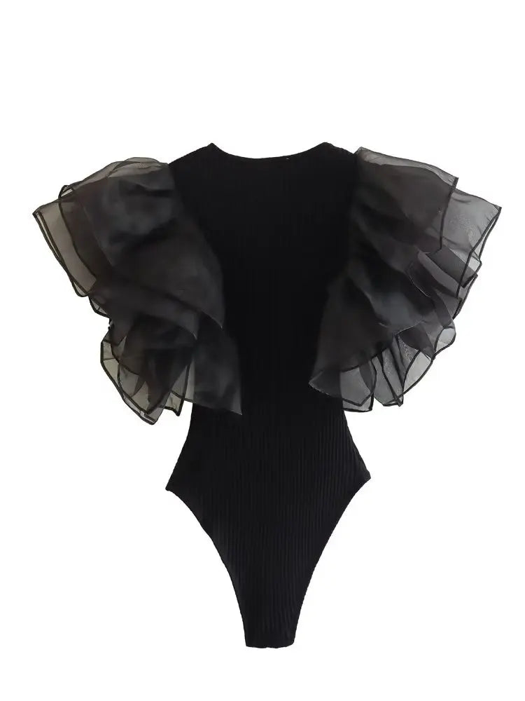 Fashion Black Ruffle Chic Bodysuit - Nxt Moda