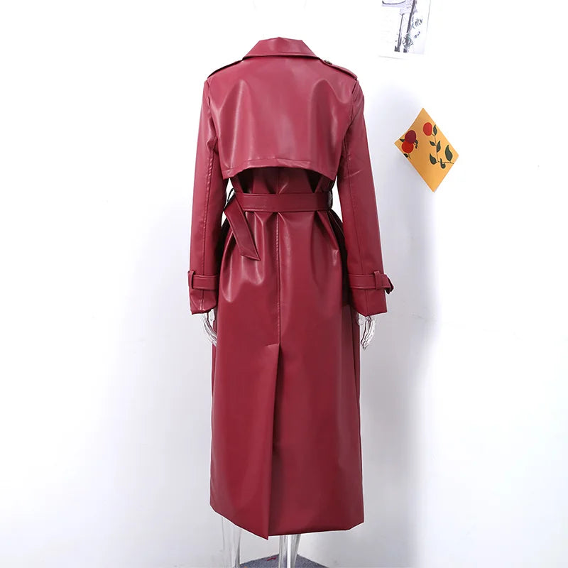 Women's Long Leather Jacket with Belt Loose Lapel Coat