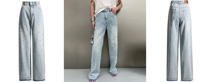 Women's Low Waist Wide Leg Rhinestone Jeans Baggy Oversized Denim Pants