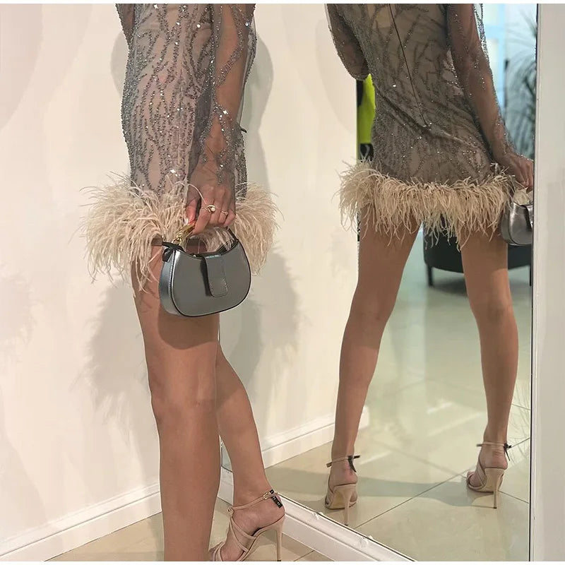 Feather Sequins Partywear Mini Dress Mesh Sheer Long Sleeve