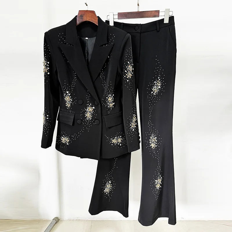 Luxury Embroidered Blazer and Bell Bottom Pants 2-Piece Set