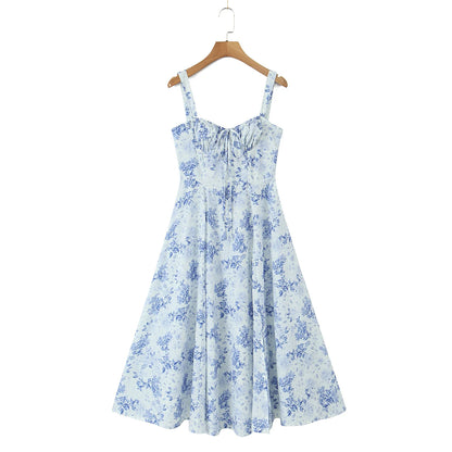 Sexy Ruched Blue White Flower Print Corset Midi Dress