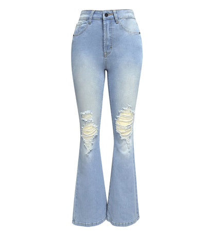 Women's High Waist Flare Jeans with Holes Y2K Denim Trousers