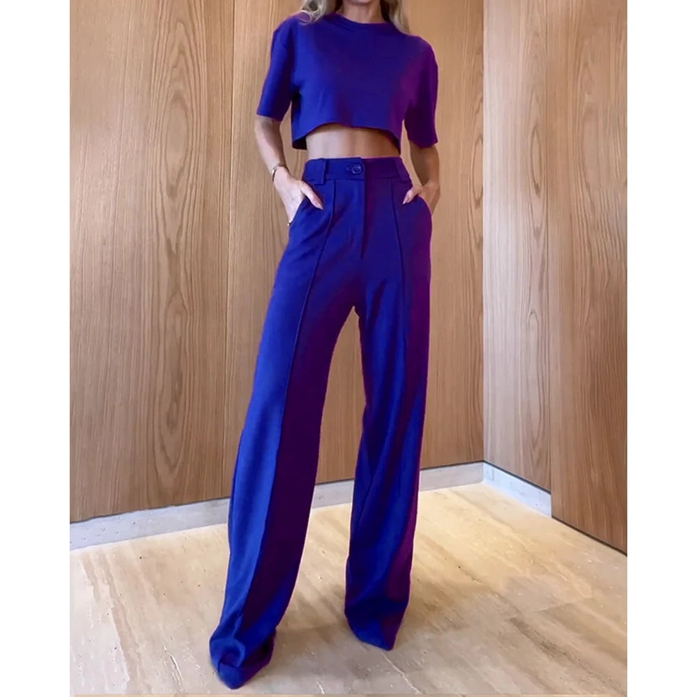 Casual O-Neck Crop Top and High Waist Wide Leg Pants 2-Piece Set