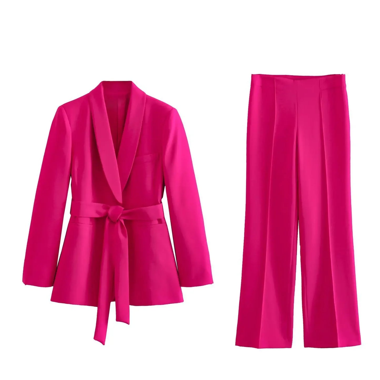 Loose Blazer and High Waist Belt Pants 2-Piece Elegant Set