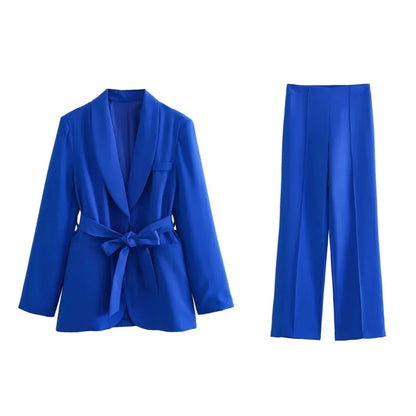 Loose Blazer and High Waist Belt Pants 2-Piece Elegant Set