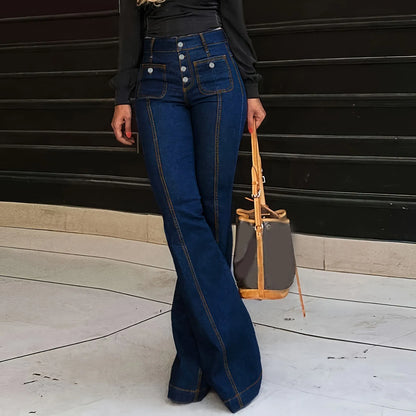 High Waist Button Detail Flared Pants with Pockets