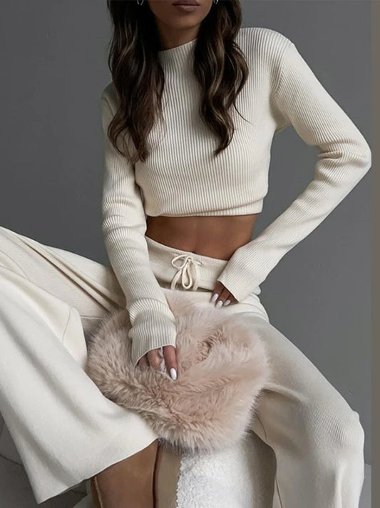 O-Neck Sweater and Wide Leg Pants Knit Set Casual 2-Piece Outfit