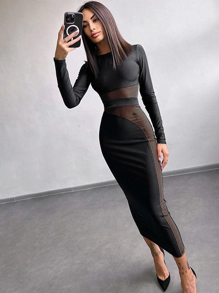 Elegant Directional Design Mesh Splicing Long Sleeve Tight Dress