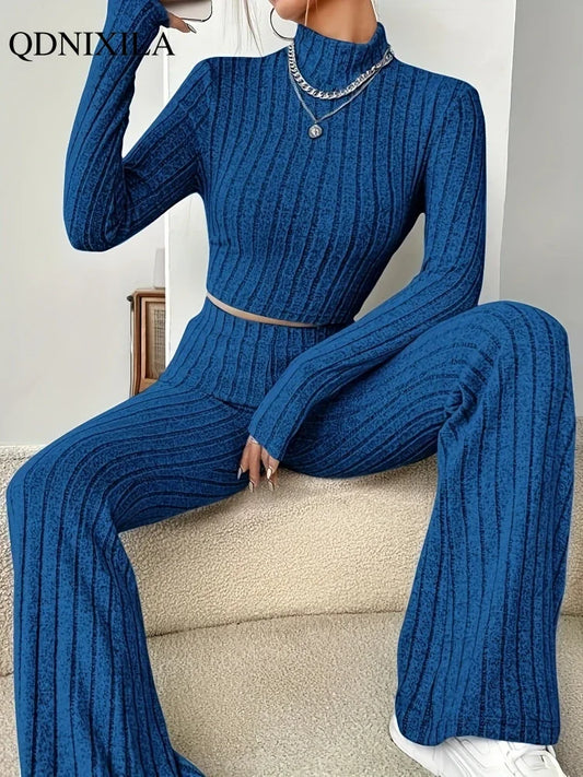 Turtleneck Pullover and High Waist Knit Pants 2-Piece Set