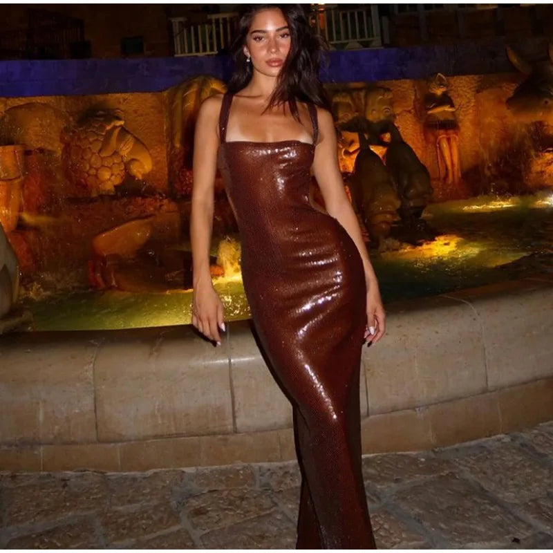 Chocolate Elegant Sequin Spaghetti Strap Maxi Dress