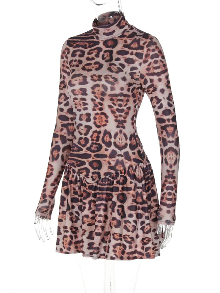 Leopard Print Party Dress High Collar Long Sleeve Bodycon Style