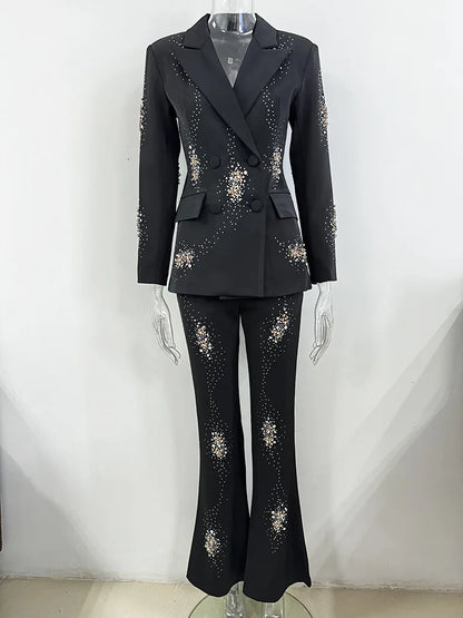 Luxury Embroidered Blazer and Bell Bottom Pants 2-Piece Set