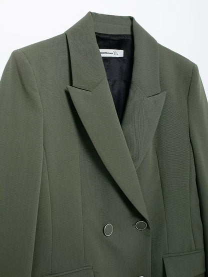 Olive 2-Piece Double-Breasted Blazer and Straight Pants Set