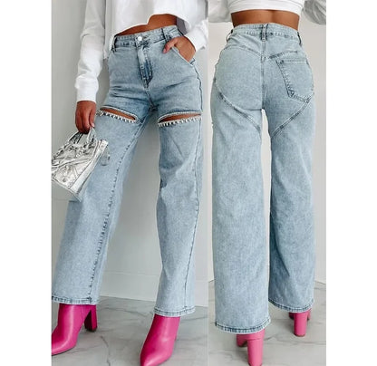 Women's High Waist Perforated Denim Jeans Y2K Streetwear