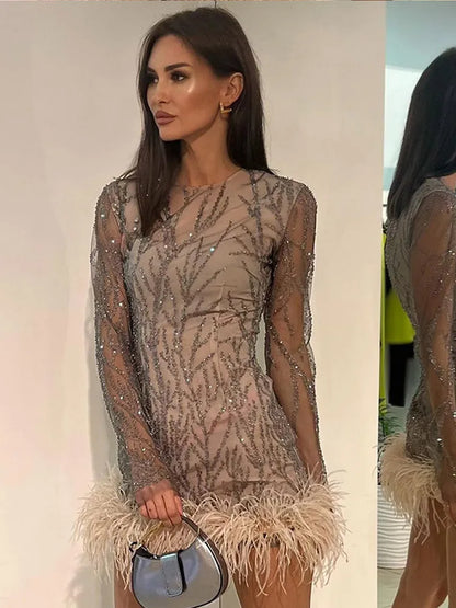 Feather Sequins Partywear Mini Dress Mesh Sheer Long Sleeve