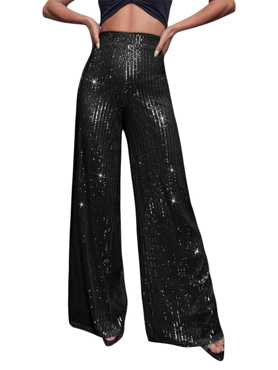 Women's High Waist Sequin Flare Pants Sparkly Bell-Bottom Trousers