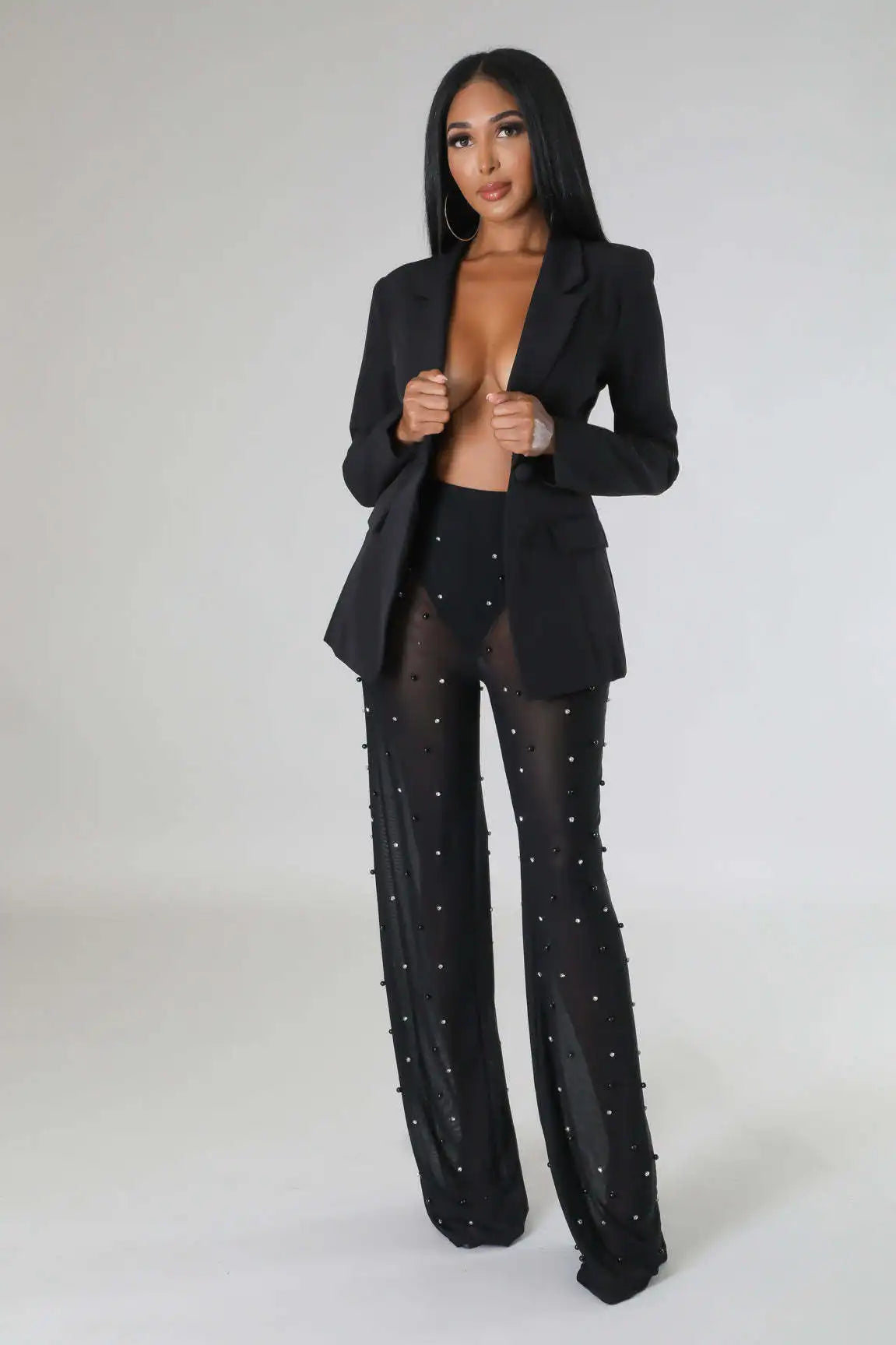 Street Chic Blazer and Mesh Beading Pants 2-Piece Winter Set