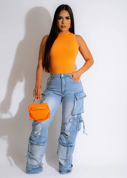 Women's Vintage Cargo Jeans Wide Leg Denim Pants