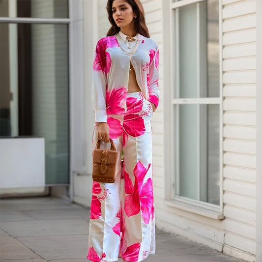 Printed Single-Breasted Shirt and Wide-Leg Pants Two-Piece Set