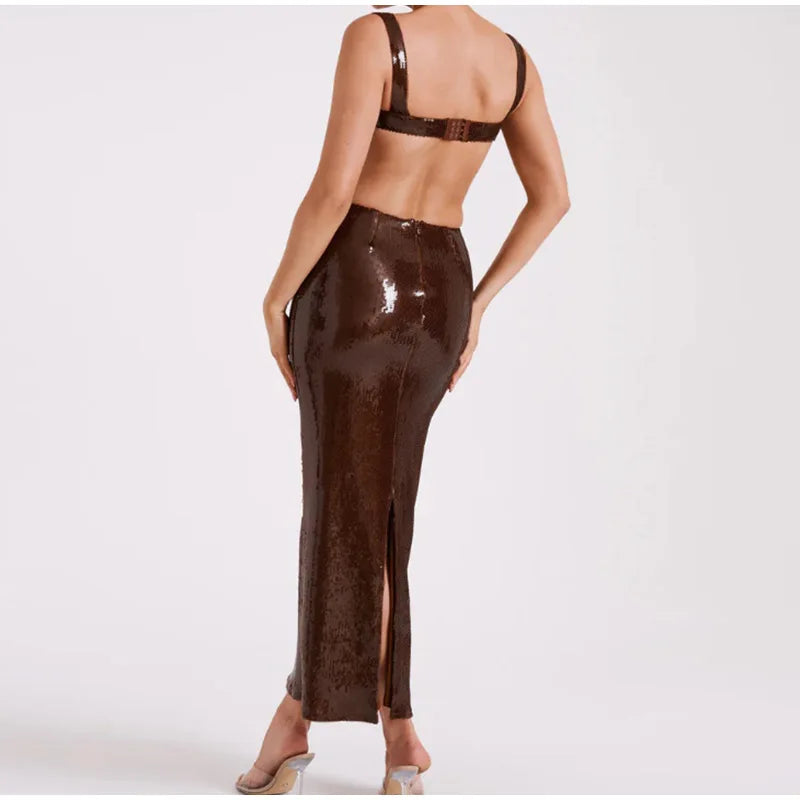 Chocolate Elegant Sequin Spaghetti Strap Maxi Dress