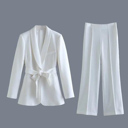 Loose Blazer and High Waist Belt Pants 2-Piece Elegant Set