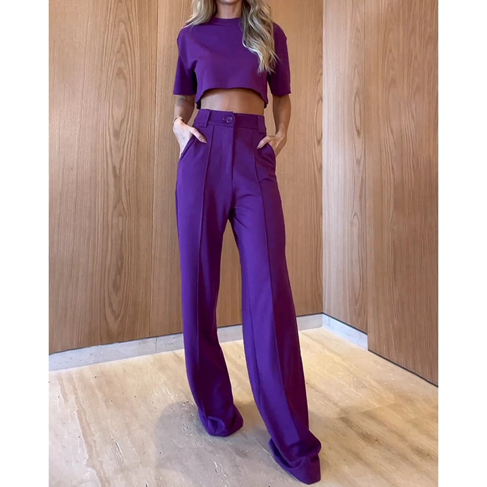 Casual O-Neck Crop Top and High Waist Wide Leg Pants 2-Piece Set