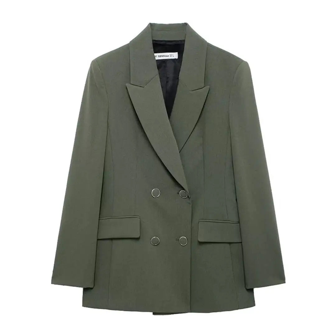 Olive 2-Piece Double-Breasted Blazer and Straight Pants Set