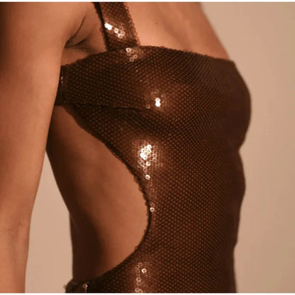 Chocolate Elegant Sequin Spaghetti Strap Maxi Dress