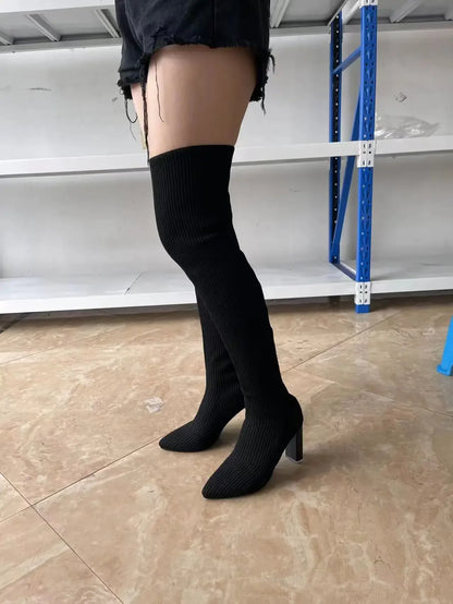 New Autumn Winter Pointed High-Heeled Knitted Over-the-Knee Boots Elastic Wool Socks Boots