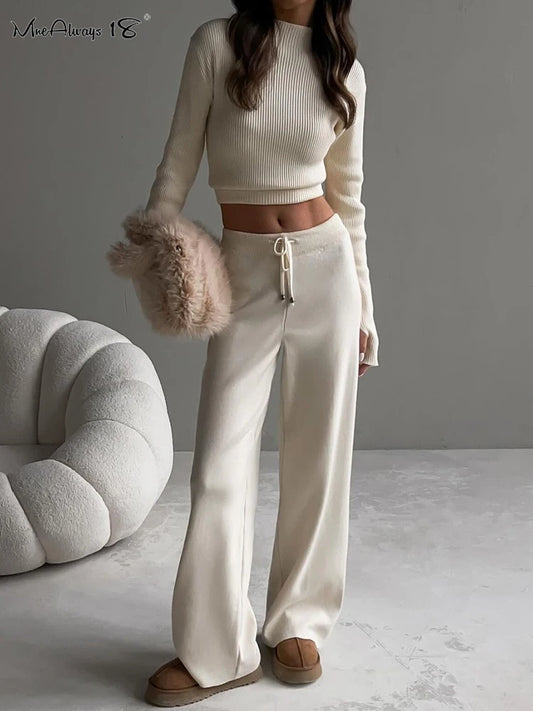 Ribbed Knitted Sweater and Slim Pants 2-Piece Winter Outfit