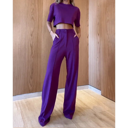 Casual O-Neck Crop Top and High Waist Wide Leg Pants 2-Piece Set