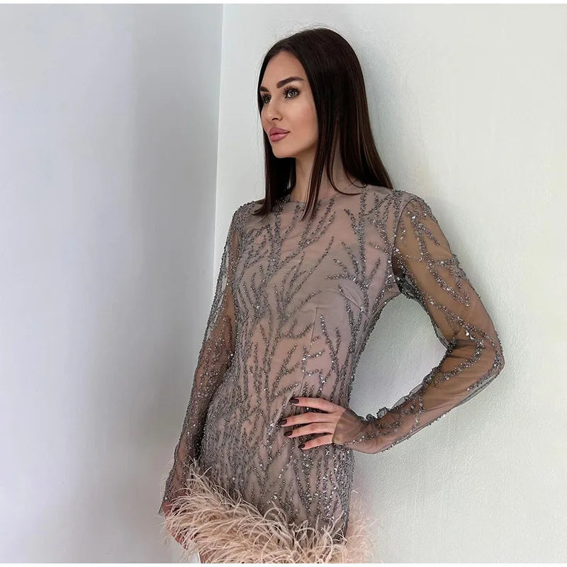 Feather Sequins Partywear Mini Dress Mesh Sheer Long Sleeve