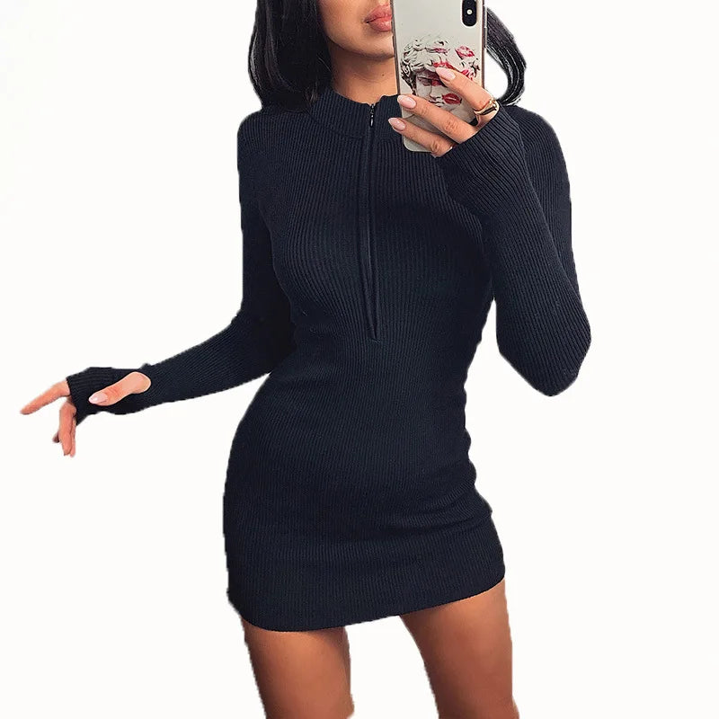 Half Zip Bodycon Ribbed Knitted Mini Dress