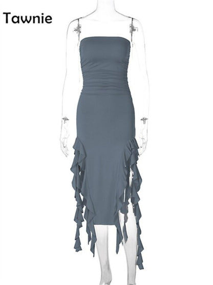 Tawnie Sexy Ruffles Midi Dress Strapless - Nxt Moda