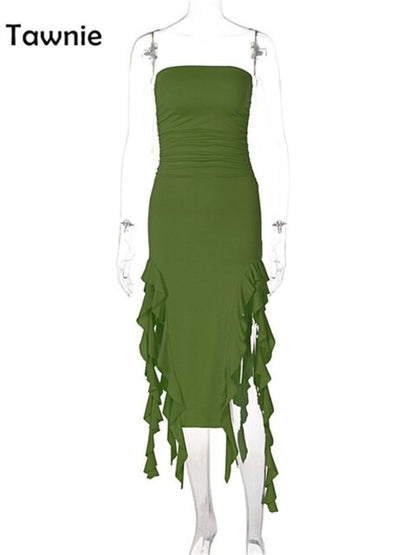 Tawnie Sexy Ruffles Midi Dress Strapless - Nxt Moda