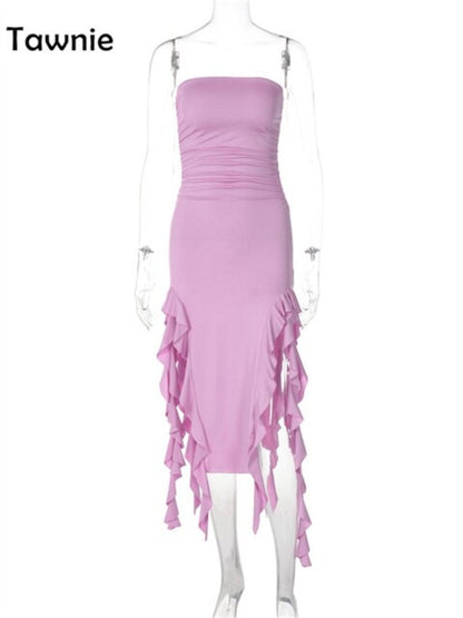 Tawnie Sexy Ruffles Midi Dress Strapless - Nxt Moda