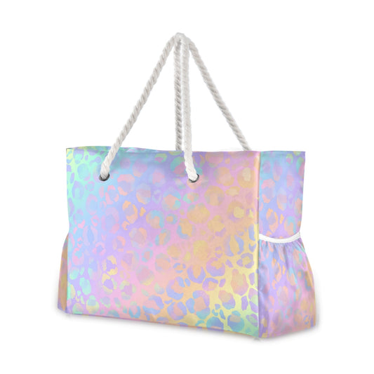 Women Nylon Shopping Bag Rainbow Leopard Print Rose Gold Cheetah - Nxt Moda