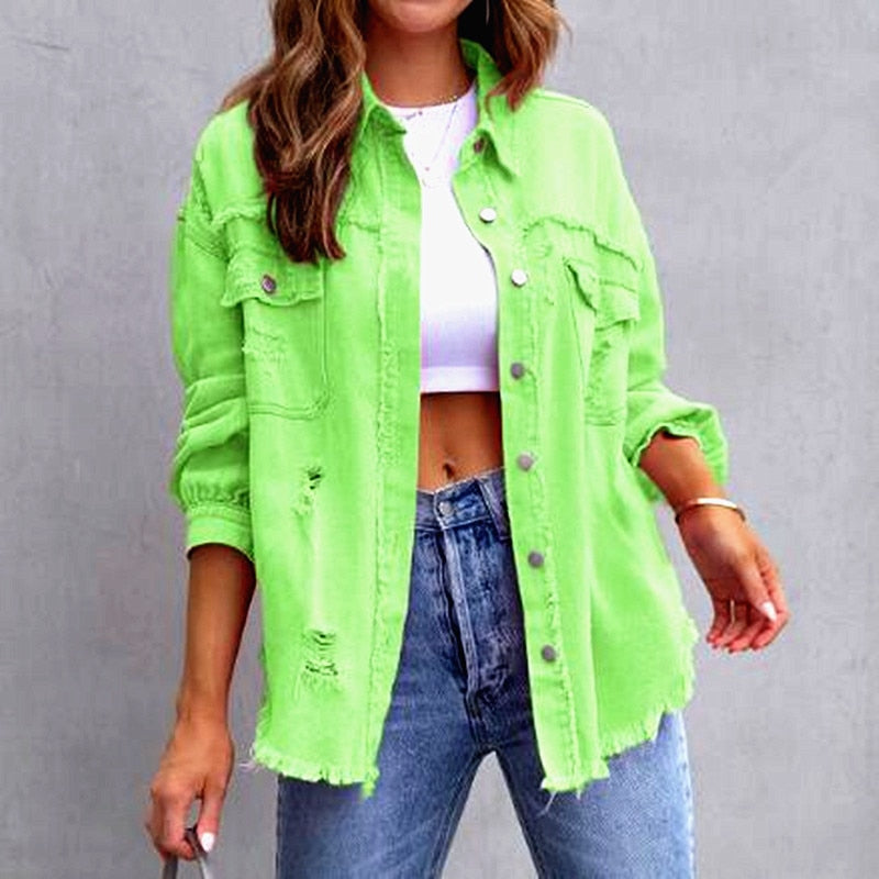 Women Pocket Hole Tassel Turndown Collar Denim Jacket - Nxt Moda