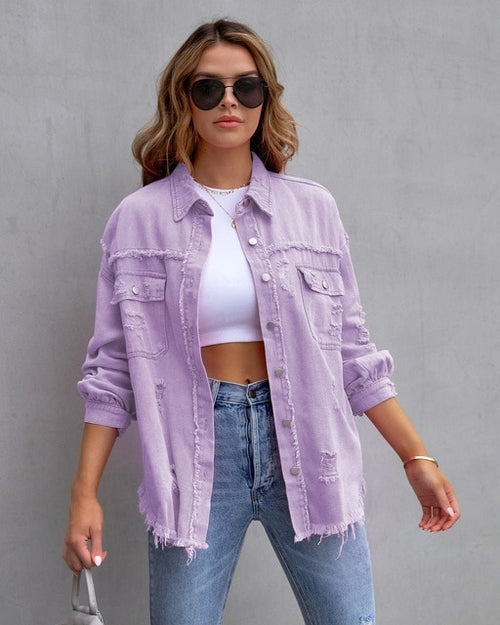 Women Pocket Hole Tassel Turndown Collar Denim Jacket - Nxt Moda