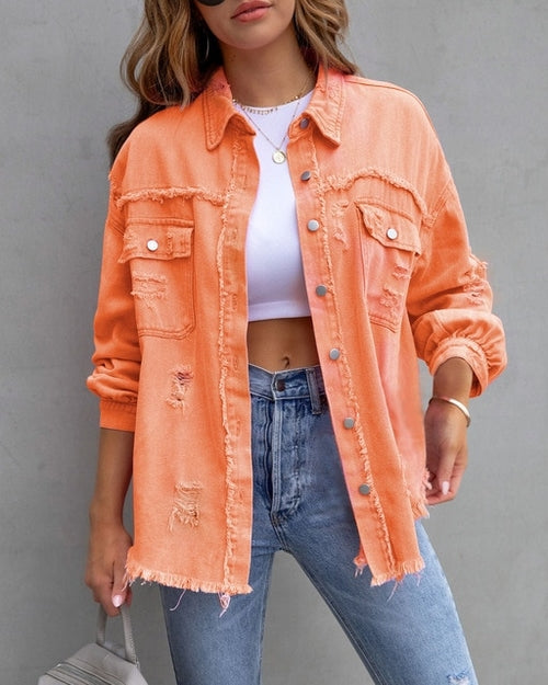 Women Pocket Hole Tassel Turndown Collar Denim Jacket - Nxt Moda