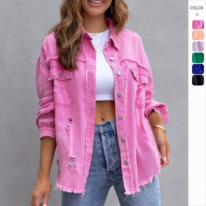 Women Pocket Hole Tassel Turndown Collar Denim Jacket - Nxt Moda