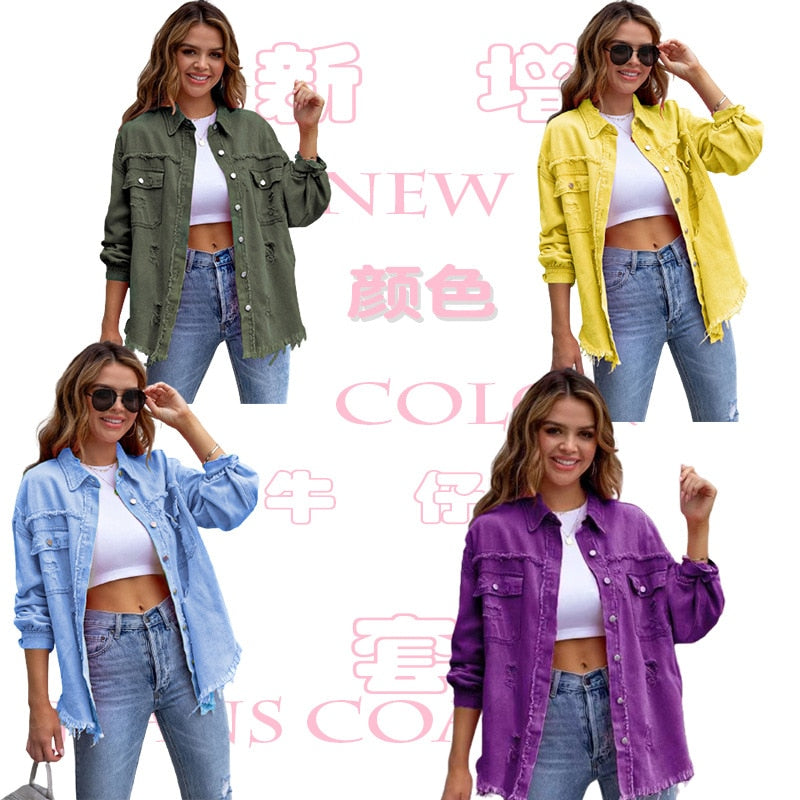 Women Pocket Hole Tassel Turndown Collar Denim Jacket - Nxt Moda