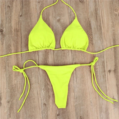 Solid Color Low Waist Micro Thong Bikini Set - Nxt Moda