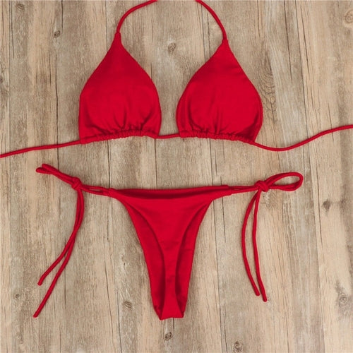 Solid Color Low Waist Micro Thong Bikini Set - Nxt Moda