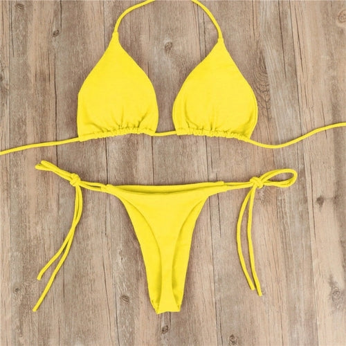 Solid Color Low Waist Micro Thong Bikini Set - Nxt Moda