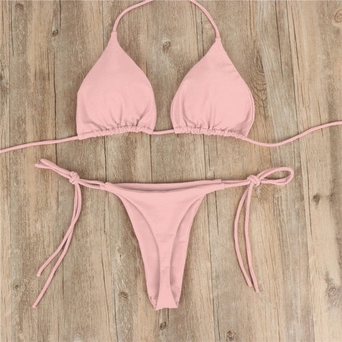 Solid Color Low Waist Micro Thong Bikini Set - Nxt Moda