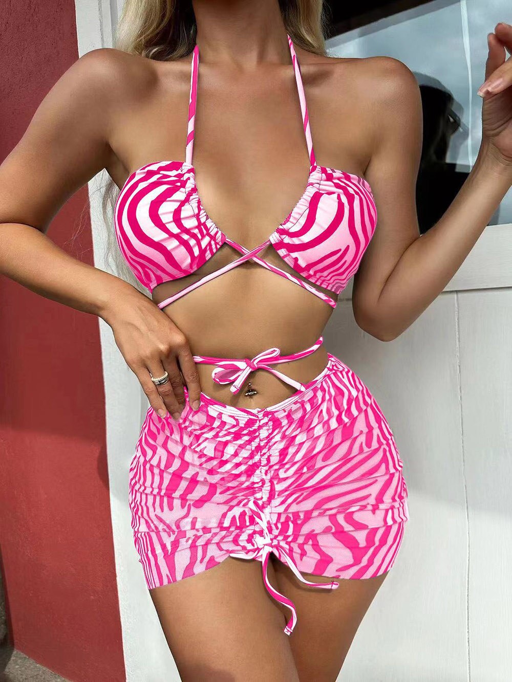 Women's Striped Print Mesh Bikini Set - Nxt Moda