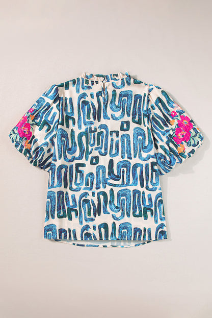 Blue Abstract Print Plus Size Floral Puff Sleeve Blouse